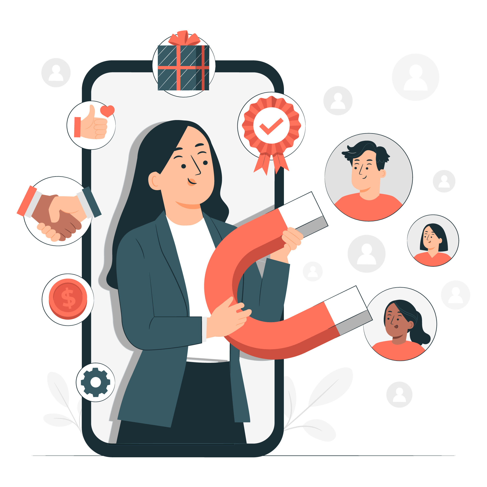 Acheter des abonnés Instagram Image représentant une femme attirant de nouveaux abonnés Instagram via un aimant géant.
