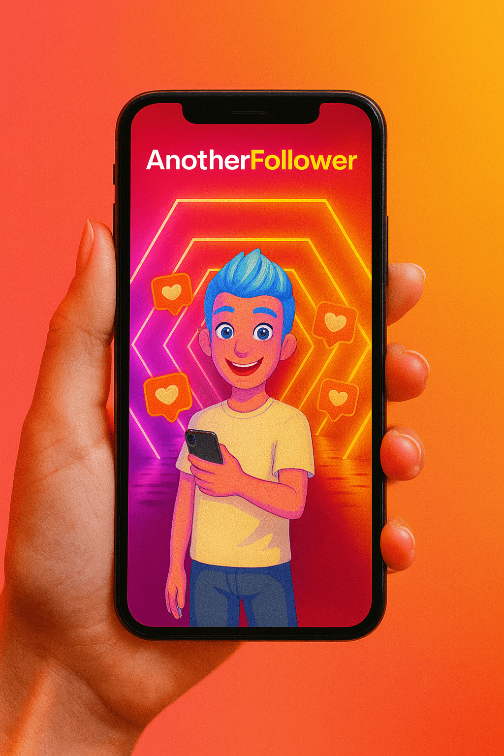 Smartphone avec interface Anotherfollower et dégradé brand